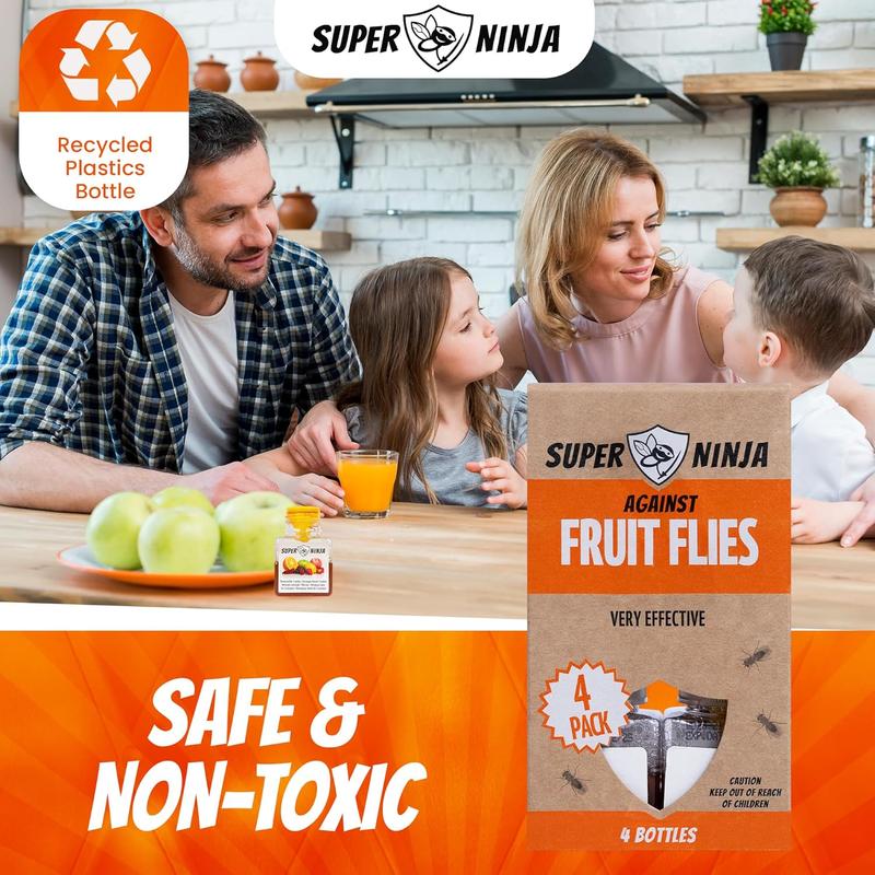 Super Ninja Fruit Fly Traps for Indoors - 4 Traps - Highly Effective Eco-Friendly Fruit Fly Catcher for Indoors - Pet and Child Safe - Up to 3 Weeks per Bottle