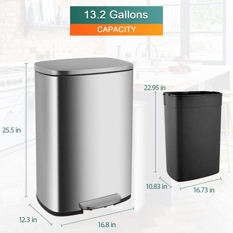 13.2 Gallon(50L) Trash Can, Fingerprint Proof Stainless Steel Kitchen Garbage Can with Removable Inner Bucket and Hinged Lids, Pedal Rubbish Bin for Home Office Plastic Smooth