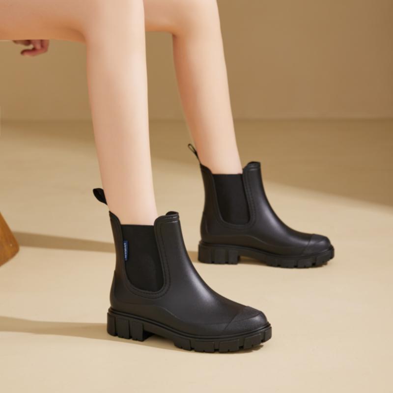 Stylish Women's Mid-Calf Rain Boots - Waterproof Rain Boots with Non-Slip Thick Sole, Elasticated Trim, and Easy-On Pull Loop - Fashionable Korean and Japanese Inspired Design for Comfortable Walking