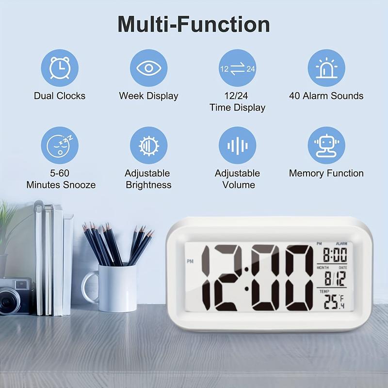 Upgraded Digital Alarm Clock, LED Display with Temperature Larger Lound Light Control Portable Calendar Brightness with Battery Powered Alarm Clocks Bedside for Everyone