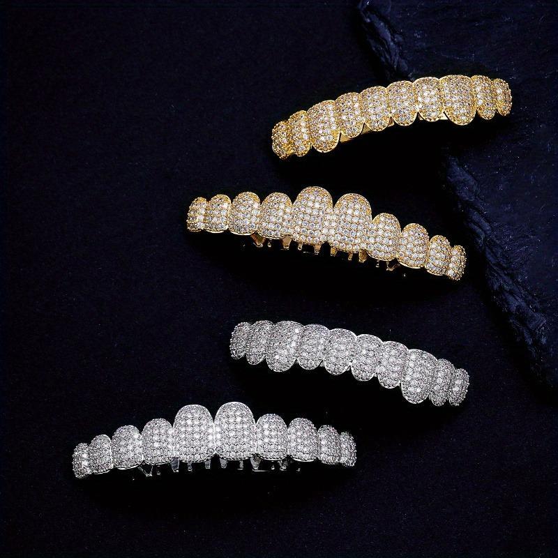 2Pcs  Set Blingbling Halloween Hip Hop Cubic Zirconia Teeth Grills 20 Teeth Top Bottom Grills Dental Mouth Punk Tooth Caps Cosplay Rapper Jewelry For Men Women Teenager