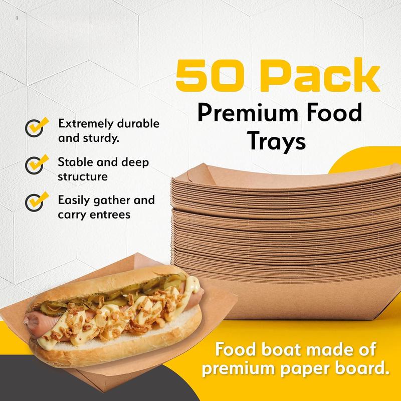 50 pack Food Boats Disposable 2lb Eco Friendly Poly Coated Paperboard - Greaseproof Paper Boats for Food Serving, Hot Dog Nacho Trays and Nacho Boats for Concession Stand, Parties