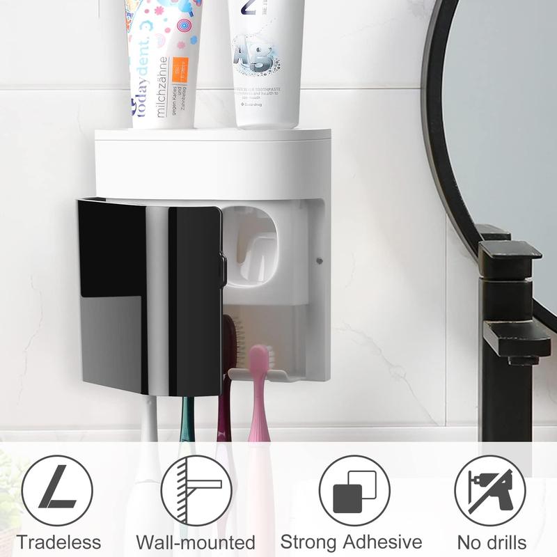 Toothbrush Holder Toothpaste Dispenser Wall Mounted Cover Electric Tooth Brush Stand Set with 2 Toothpaste Squeezers for Shower Bathroom Kids Black (No Electric, No Light) japanese  nylon