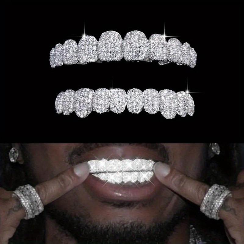 2Pcs  Set Blingbling Halloween Hip Hop Cubic Zirconia Teeth Grills 20 Teeth Top Bottom Grills Dental Mouth Punk Tooth Caps Cosplay Rapper Jewelry For Men Women Teenager