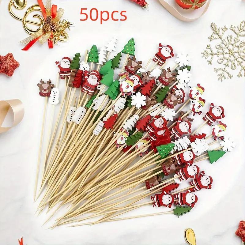 Christmas Themed Cocktail Picks, 50pcs set Snowflake & Santa Claus & Reindeer & Tree & Snowman Pattern Cocktail Sticks, Party Decoration Supplies