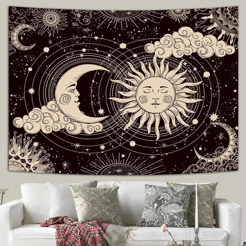 Sun and Moon Tapestry, Aesthetic Black Dark Spiritual Tapestries Mystic Burning Sun with Clouds Star Wall Hanging decor for Bedroom  50x60inch