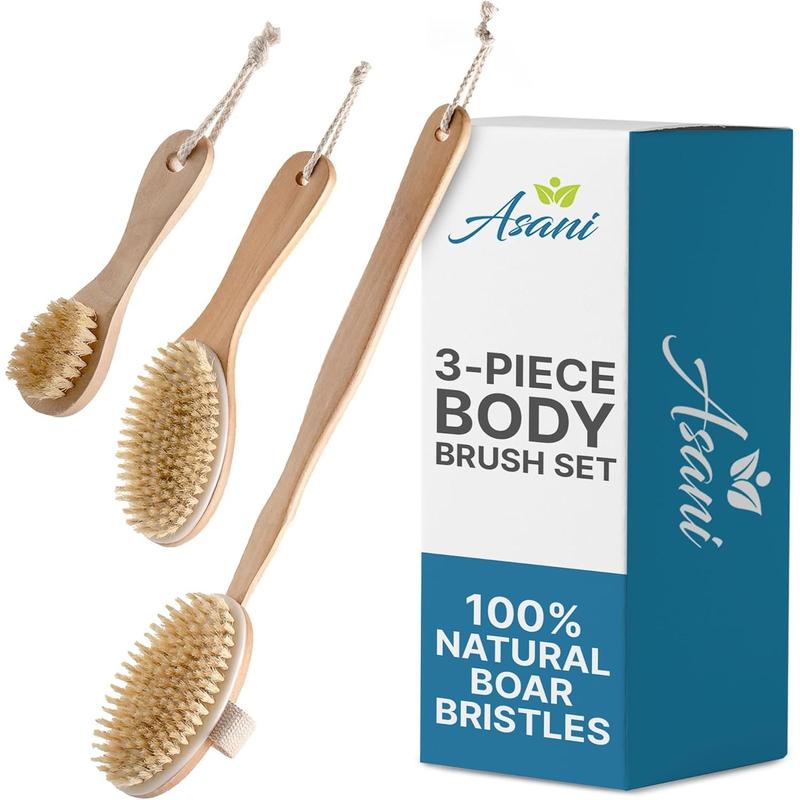 Body Brush Set for Lymphatic Drainage & Cellulite - 3-Pcs Detachable Back, Contour Body & Face Brushes Organic Gift for Dry Skin, Exfoliation, Invigorating Showers