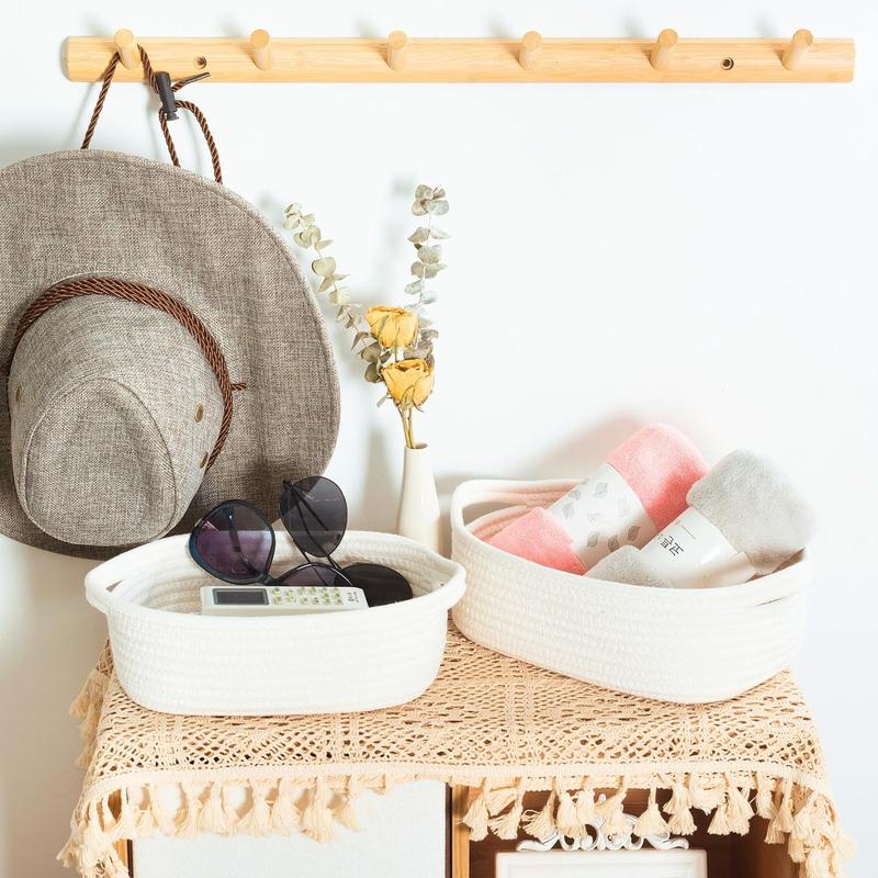 Design 5 Piece Storage Basket Set for Shelves, Small Decorative Woven Basket for Organizing, Baskets for Gifts Empty, Dot and Cat Toy Basket Box, Bathroom Basket, Catch All Tray, Creamy White