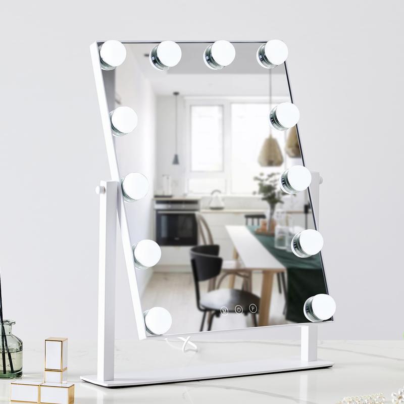 HIEEY Hollywood Vanity Mirror with 12 Dimmable Bulbs Lights , Three Color Lighting Modes, and 5X Magnification , Smart Touch Control, 360°Rotation (White,Gift Box)