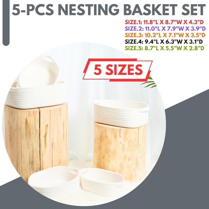 Design 5 Piece Storage Basket Set for Shelves, Small Decorative Woven Basket for Organizing, Baskets for Gifts Empty, Dot and Cat Toy Basket Box, Bathroom Basket, Catch All Tray, Creamy White