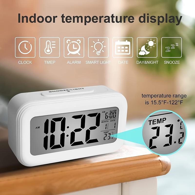 Upgraded Digital Alarm Clock, LED Display with Temperature Larger Lound Light Control Portable Calendar Brightness with Battery Powered Alarm Clocks Bedside for Everyone