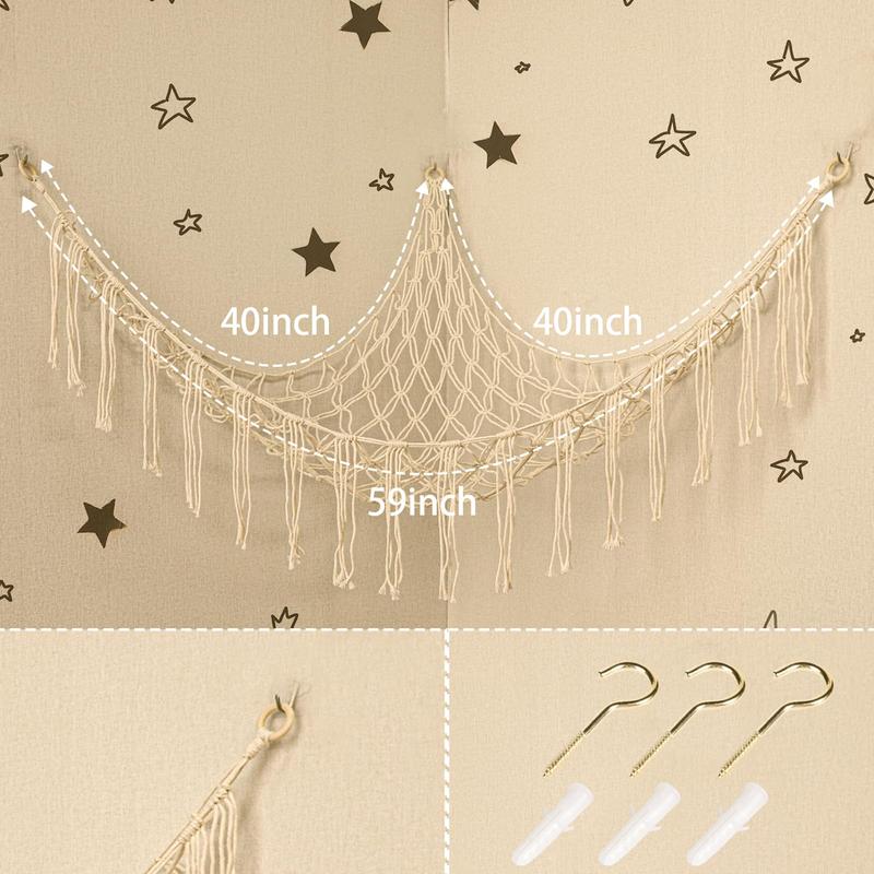 Boho Stuffed Animals Net, 55 Inch Toy Hammock Macrame Plush Toy Organizer with Hooks for Bedroom and Nursery