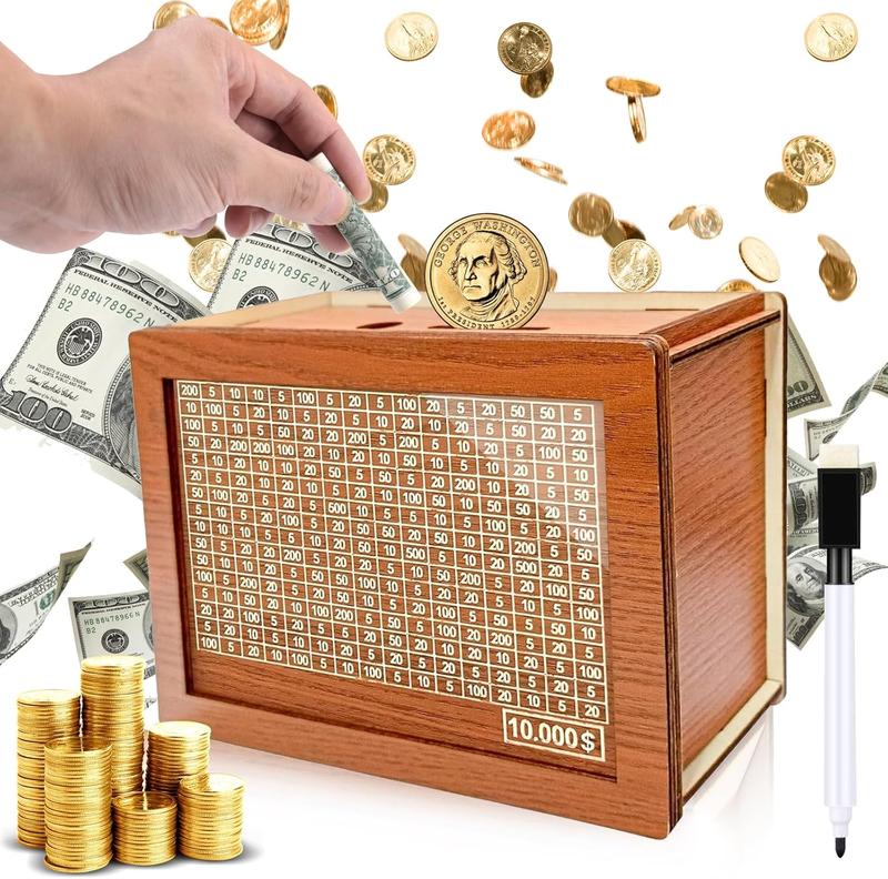 Cash Vault Wooden Savings Box, Wooden Cash Saver Money Box,Wooden Coin Bank for Boys and Girls, Adults Money Box with Counter for Savings Goal $10000 Best Gift for Friends