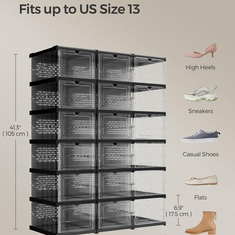 SONGMICS HOME Collapsible Shoe Boxes - Foldable, Stackable, and Portable Shoe Storage Organizer for US Size 13, Small-Spaced Homes and Closets