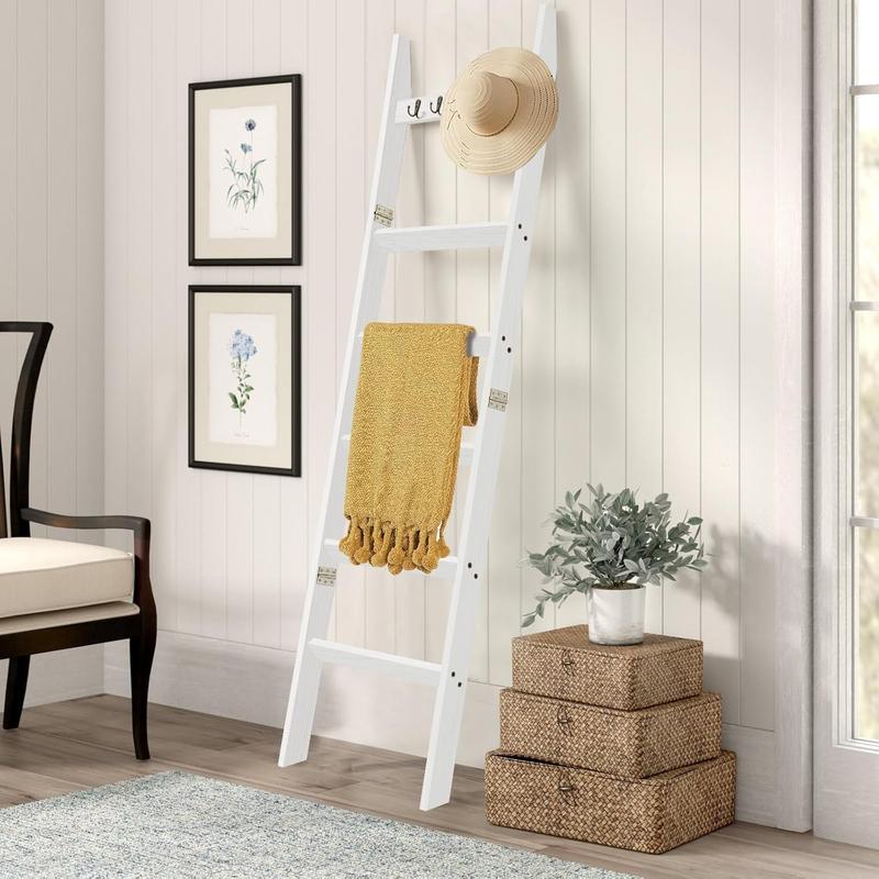 6-Tier Blanket Ladder with Hooks, 5.4 Ft Wall Leaning Blanket Ladders for Living Room, Rustic Decorative Ladder for Blankets, Quilts, Farmhouse Decor Ladder Shelf, Easy to Assemble, White