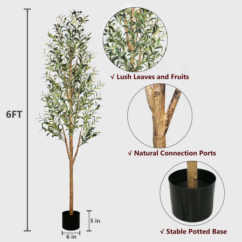 6FT Artificial Olive Tree, Faux Silk Potted Plants Indoor, Natural Wood Trunk and Realistic Branches Fruits, Fake Olive Tree for Home Living Room Office Decor