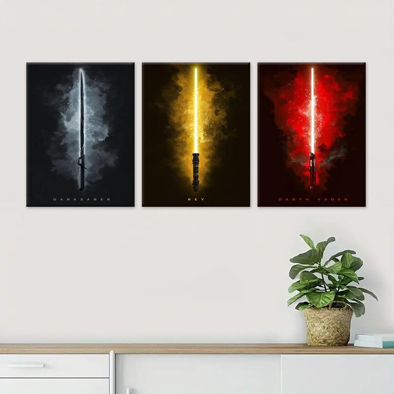 Wooden Framed Canvas Painting, 3 Counts set Lightsaber Pattern Wall Art Poster, Home Decor Poster for Living Room Bedroom Office