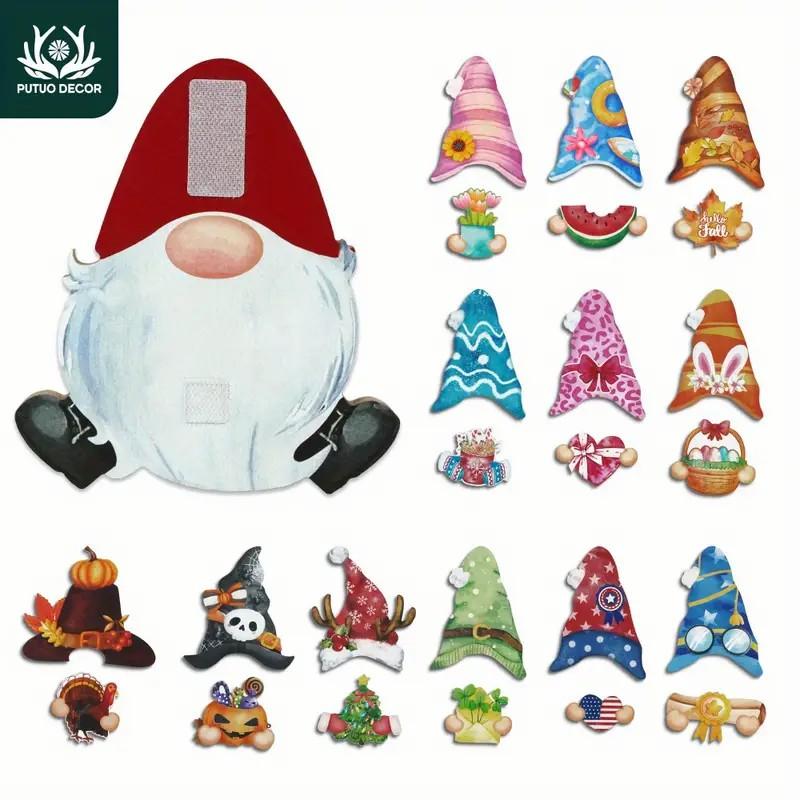 Putuo Decor 24 Pcs Interchangeable Wooden Gnome Decor DIY Holiday Seasonal with Detachable Hats Handheld Changeable Gnome  for Home Office Ornaments