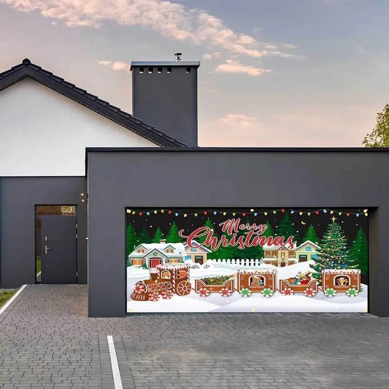 Christmas Themed Garage Door Cover, Windproof & Snowproof Garage Door Banner, Festive & Party Supplies for Home Decor