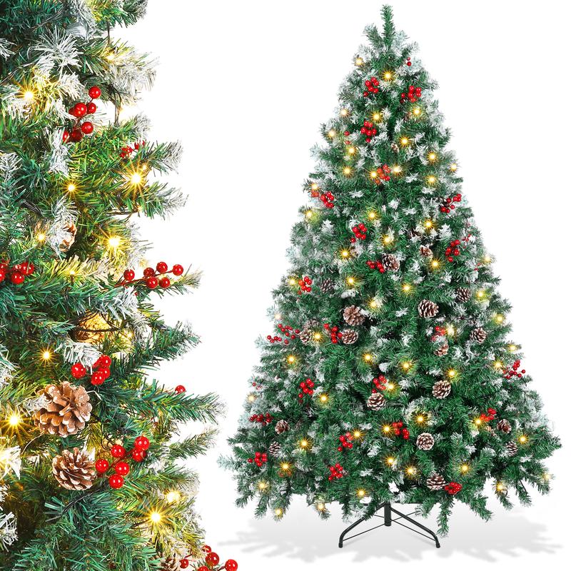 6FT Christmas Tree, Pre-Decorated Artificial Xmas Tree with 250 Warm White Lights, Pine Cones& Berries, 800 Flocked Frosted Tips for Christmas Decor