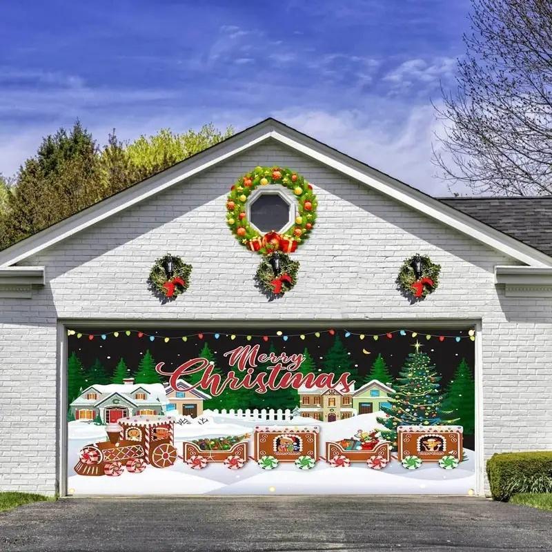 Christmas Themed Garage Door Cover, Windproof & Snowproof Garage Door Banner, Festive & Party Supplies for Home Decor