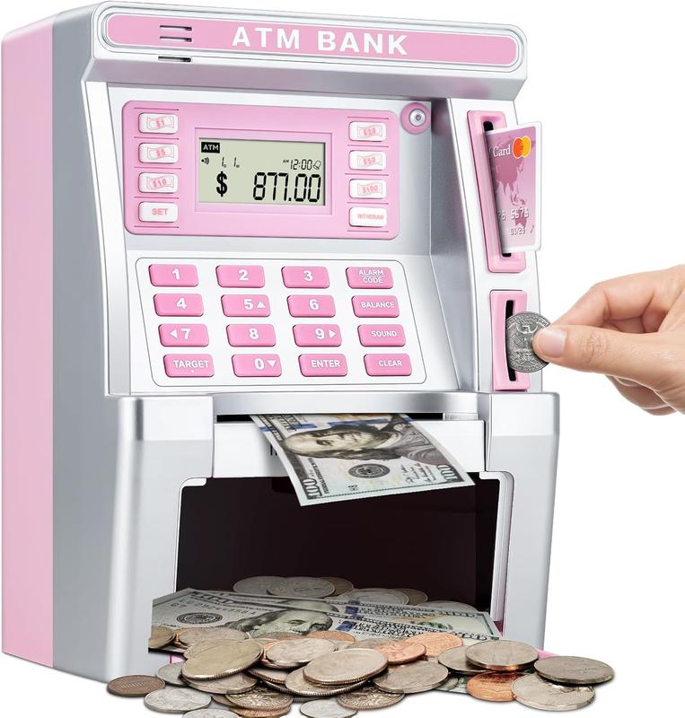 Pink Piggy Bank for Kids, ATM Machine Bank for Real Money with Debit Card, Bill Feeder, Coin Recognition, Balance Calculator, Electronic Savings Safe Box, Gifts for Teen Boy Girl