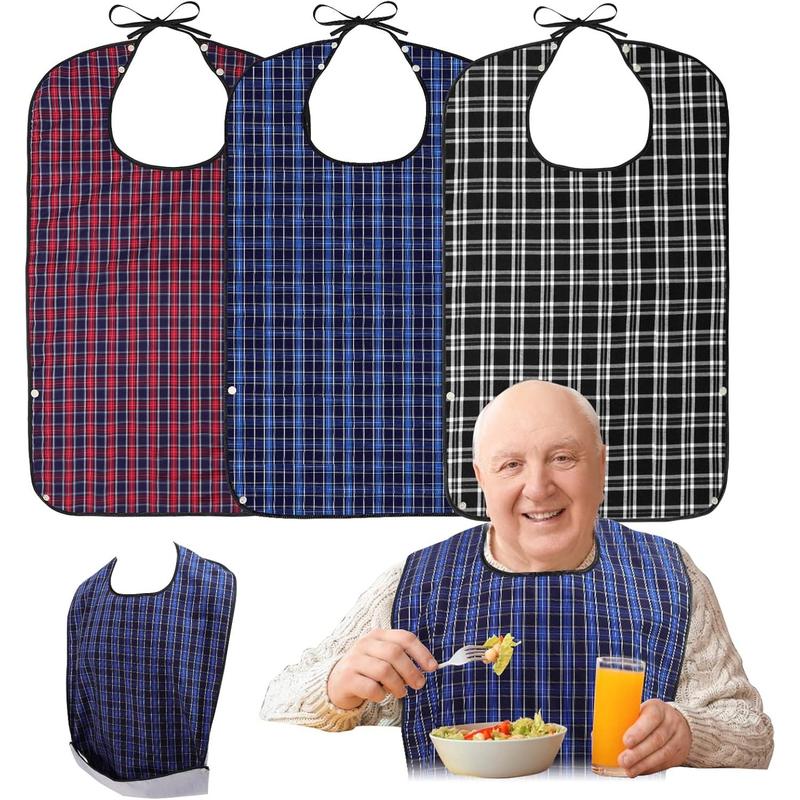 3 washable clothes protection covers with breadcrumb catcher, reusable waterproof large-sized bib (suitable for elderly women), blue white black