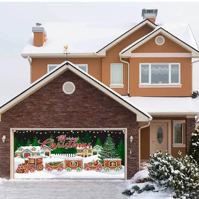 Christmas Themed Garage Door Cover, Windproof & Snowproof Garage Door Banner, Festive & Party Supplies for Home Decor