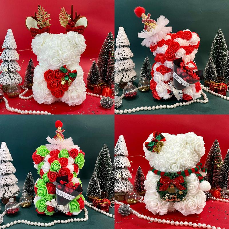 Christmas Themed Bear with Bowknot & Hat Decor, 1 Count Cute Simulated Rose Bear Ornaments, Romantic Gift for Women & Girls, Party Decoration Supplies