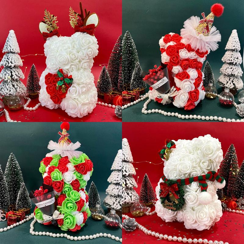 Christmas Themed Bear with Bowknot & Hat Decor, 1 Count Cute Simulated Rose Bear Ornaments, Romantic Gift for Women & Girls, Party Decoration Supplies