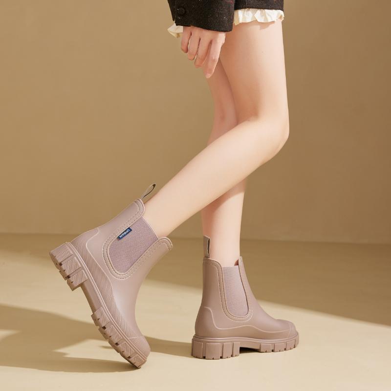 Stylish Women's Mid-Calf Rain Boots - Waterproof Rain Boots with Non-Slip Thick Sole, Elasticated Trim, and Easy-On Pull Loop - Fashionable Korean and Japanese Inspired Design for Comfortable Walking