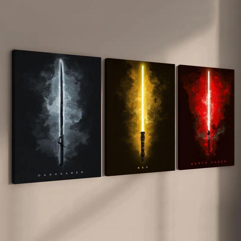 Wooden Framed Canvas Painting, 3 Counts set Lightsaber Pattern Wall Art Poster, Home Decor Poster for Living Room Bedroom Office