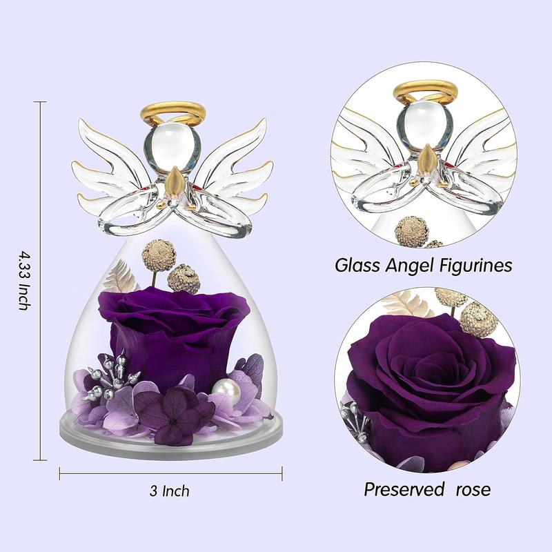 Preserved Flower Rose Gifts in Glass Angel Figurines,Birthday Gifts for Women,Angel Rose Gifts for Her,Christmas Rose Gifts for Mom Mothers Grandma,Real Flowers Purple Gift,Thanksgiving Gifts