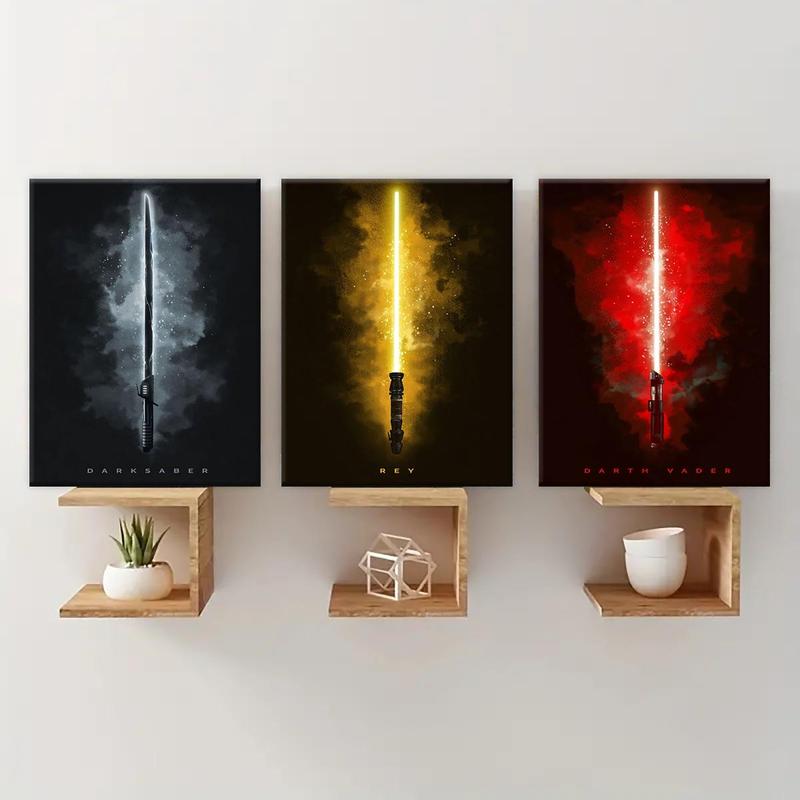 Wooden Framed Canvas Painting, 3 Counts set Lightsaber Pattern Wall Art Poster, Home Decor Poster for Living Room Bedroom Office