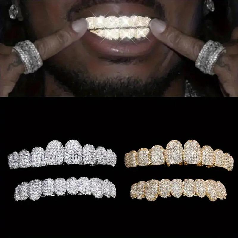 2Pcs  Set Blingbling Halloween Hip Hop Cubic Zirconia Teeth Grills 20 Teeth Top Bottom Grills Dental Mouth Punk Tooth Caps Cosplay Rapper Jewelry For Men Women Teenager