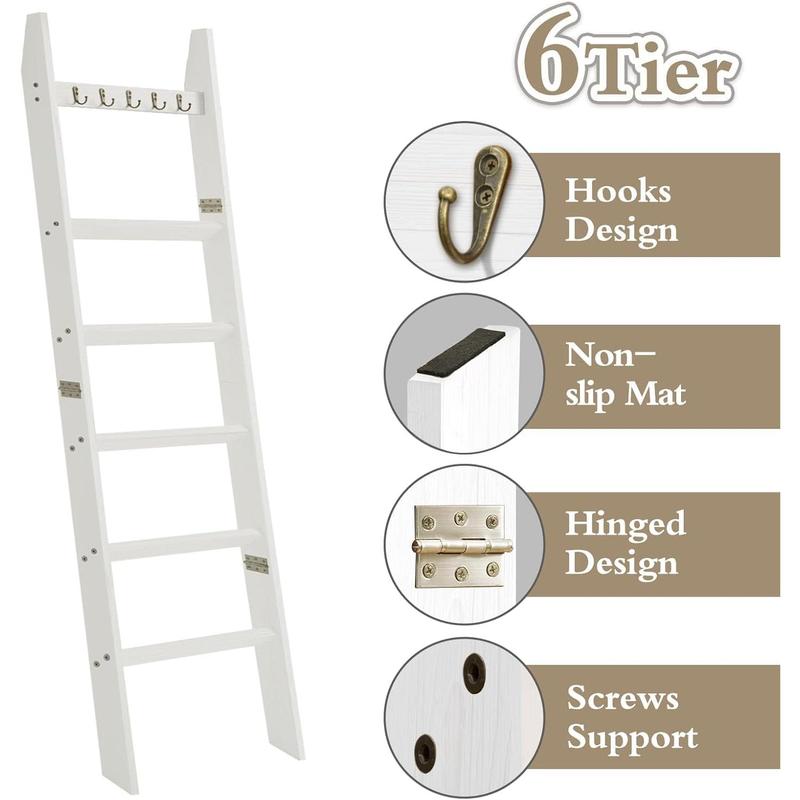 6-Tier Blanket Ladder with Hooks, 5.4 Ft Wall Leaning Blanket Ladders for Living Room, Rustic Decorative Ladder for Blankets, Quilts, Farmhouse Decor Ladder Shelf, Easy to Assemble, White