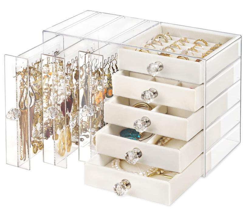 Clear Acrylic Jewelry Box with 4 Drawers - Stackable Velvet Earring Display Holder for Women, Little Girls Organiser