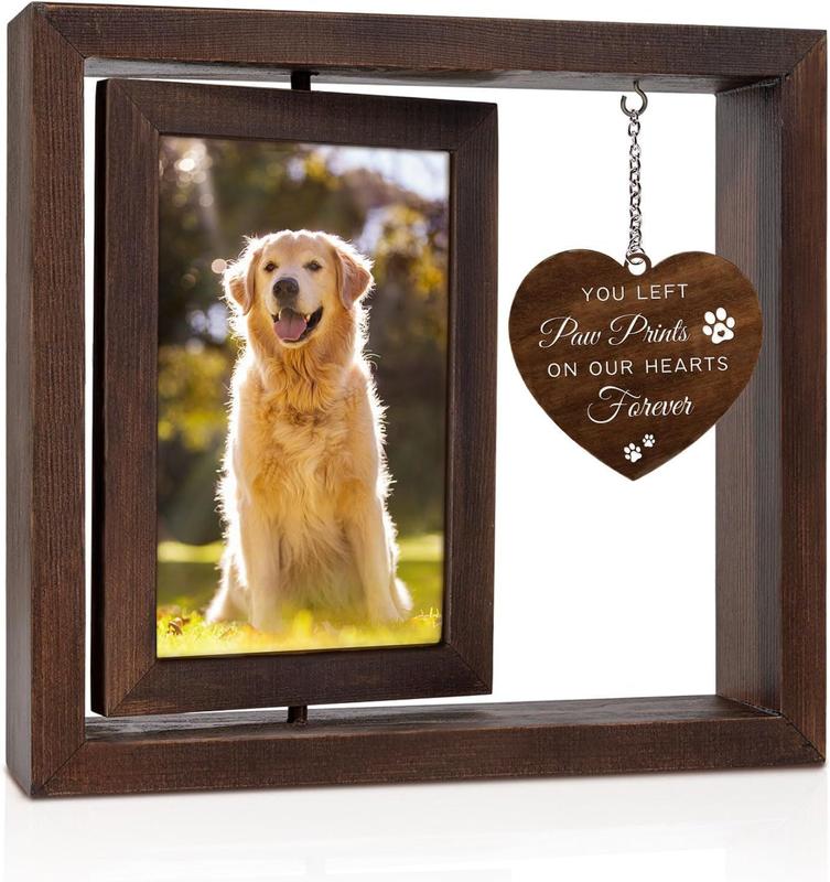 Pet Memorial Gifts for Dogs and Cats, Rotating Wooden Picture Frame for 4x6 Photo, Memorial Gifts for Loss of Pet, Bereavement Remembrance Picture Frame Decor Farmhouse Waterproof Decoration