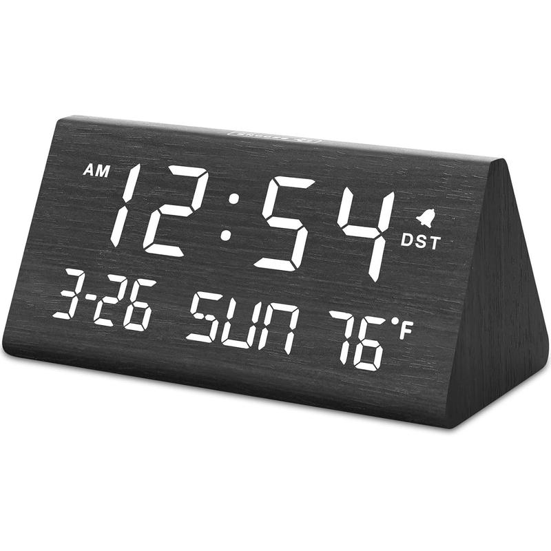 Digital Alarm Clocks for Bedrooms - Wooden Desk Clock with Date, Day of Week, USB Port, Temperature, Dimmer for Bedside Table, Living Room, Office, Adjustable Volume, Auto DST, Wood Decor