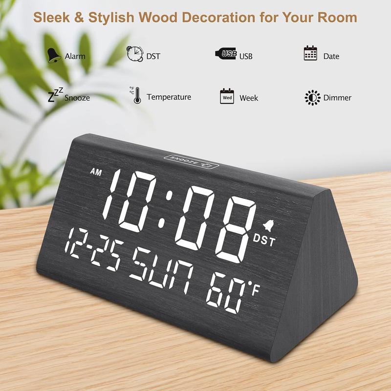 Digital Alarm Clocks for Bedrooms - Wooden Desk Clock with Date, Day of Week, USB Port, Temperature, Dimmer for Bedside Table, Living Room, Office, Adjustable Volume, Auto DST, Wood Decor