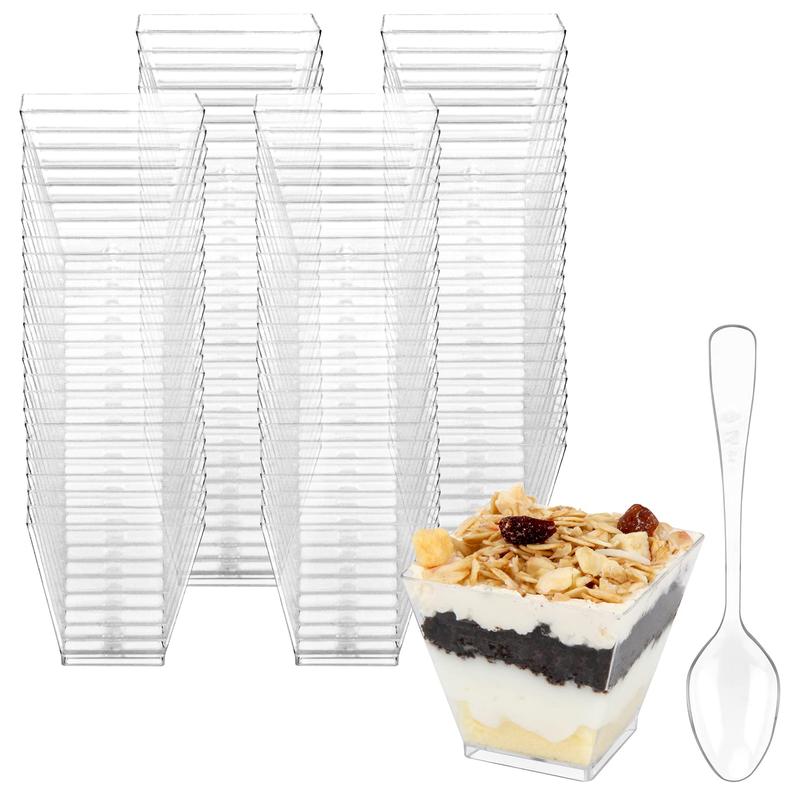 Mini Dessert Cups, 100 CT 2oz Clear Plastic Parfait Appetizer Cups with Spoons Mini Square Dessert Bowls for Serving, Tasting