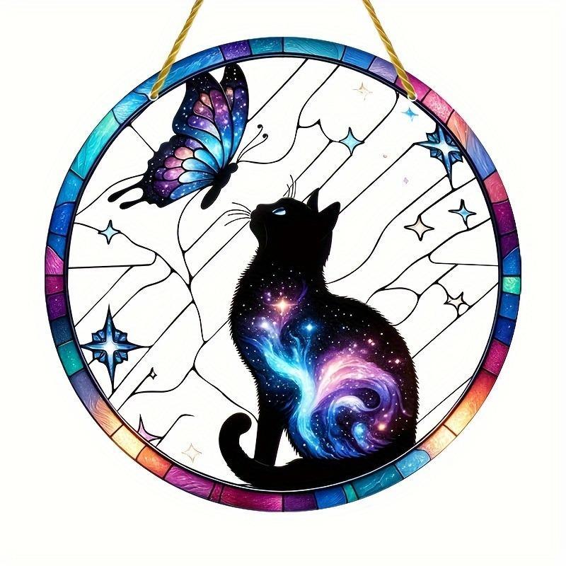 Cat & Butterfly Pattern Sun Catcher, 1 Count Colorful Stained Glass Hanging Decor, Decorative Window Hanging for Porch, Patio, Garden, Office