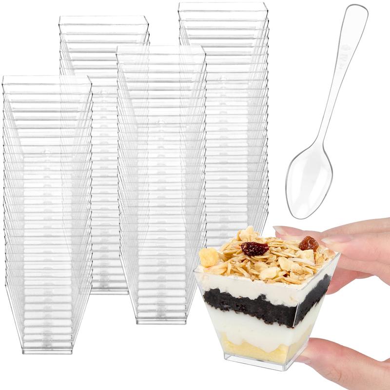 Mini Dessert Cups, 100 CT 2oz Clear Plastic Parfait Appetizer Cups with Spoons Mini Square Dessert Bowls for Serving, Tasting