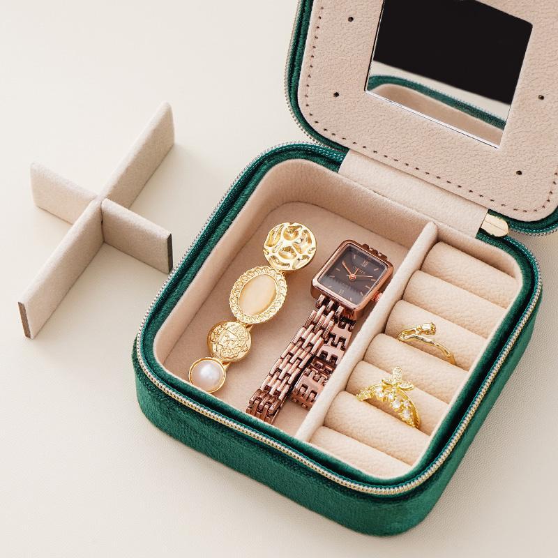 Jewelry Organizer with Mirror, 1 Count Spring Square Multi Grid Dustproof Travel Jewelry Storage Box with Zipper, Summer Gift, Portable Organizer for Earring Necklace Ring