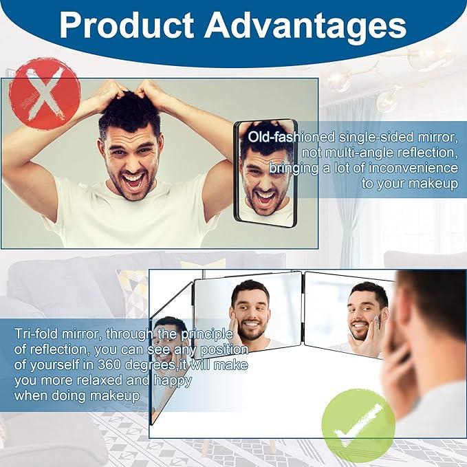 3 Way Mirror for Self Hair Cutting,360 Haircuts Mirror Men for Barber Use Tools, Mirror with Portable Height Adjustable Telescoping Hooks Decor Travel