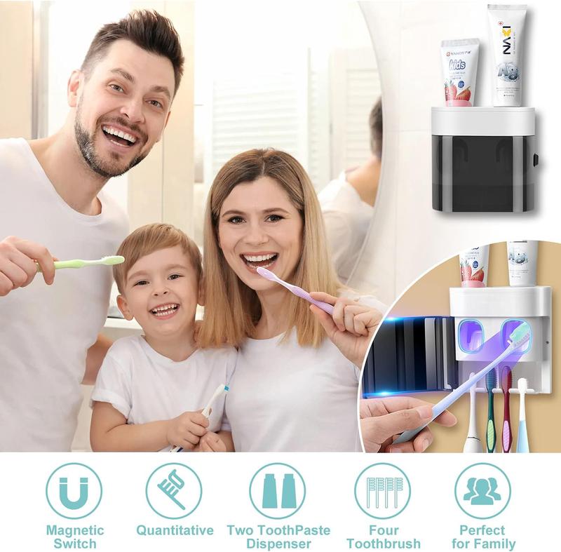 Toothbrush Holder Toothpaste Dispenser Wall Mounted Cover Electric Tooth Brush Stand Set with 2 Toothpaste Squeezers for Shower Bathroom Kids Black (No Electric, No Light)