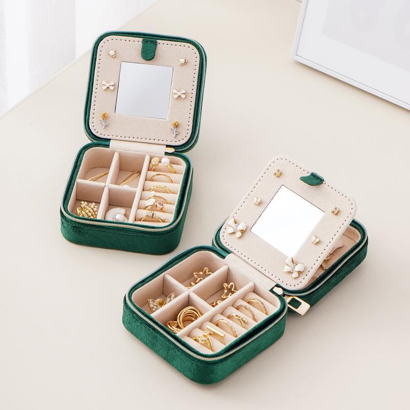 Jewelry Organizer with Mirror, 1 Count Spring Square Multi Grid Dustproof Travel Jewelry Storage Box with Zipper, Summer Gift, Portable Organizer for Earring Necklace Ring