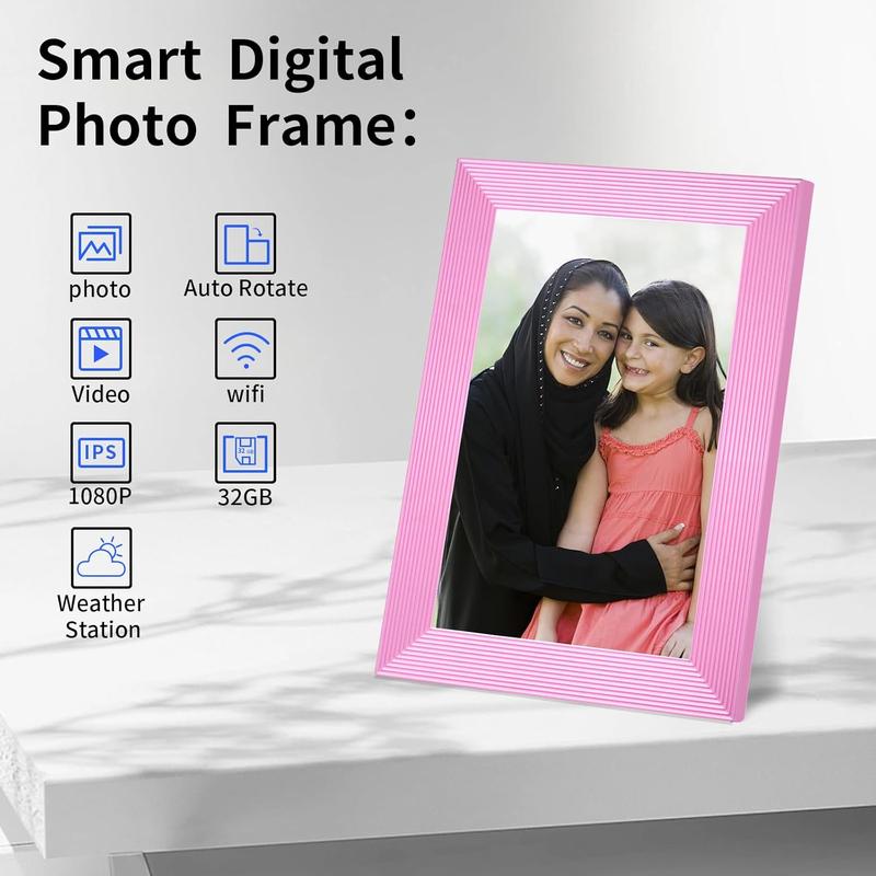 FRAMEO 10.1 Inch Smart WiFi Digital Photo Frame 1280x800 IPS LCD Touch Screen, Auto-Rotate Portrait and Landscape, Built in 32GB Memory, Digital Picture Frames Load from Phone-Pink