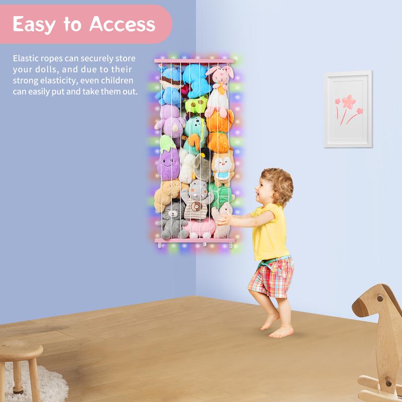 Corner Stuffed Animal Storage Organizer - Kids Stuffed Animals Holder with Lights - Wall Stuffed Animal Zoo with Adjustable Length for Nursery Playroom Bedroom