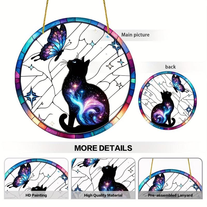 Cat & Butterfly Pattern Sun Catcher, 1 Count Colorful Stained Glass Hanging Decor, Decorative Window Hanging for Porch, Patio, Garden, Office